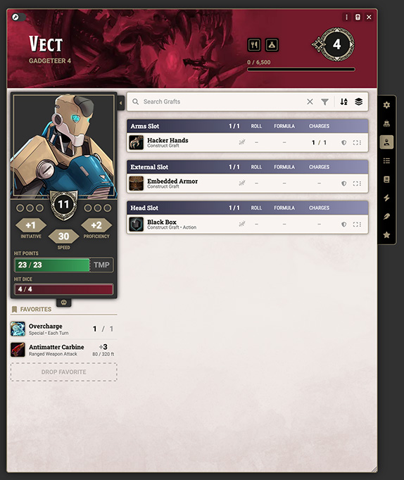 The new character sheet showing a Vect character on the Construct Grafts tab. The character has three grafts: Hacker Hands, Embedded Armor, and Black Box.