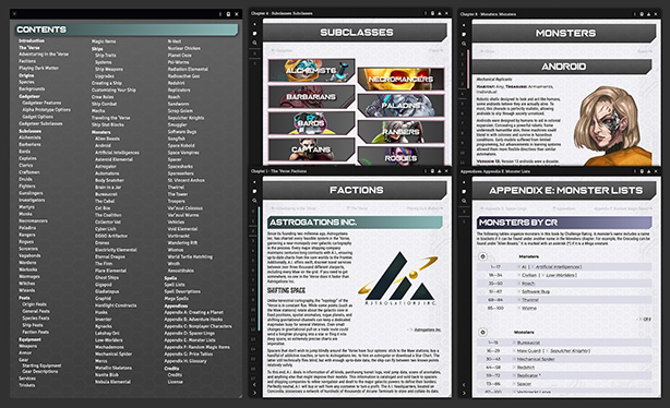 Table of contents of the book along with four pages: the subclass summary, Astrogations Inc Faction page, Android monster page, and Monster List appendix.