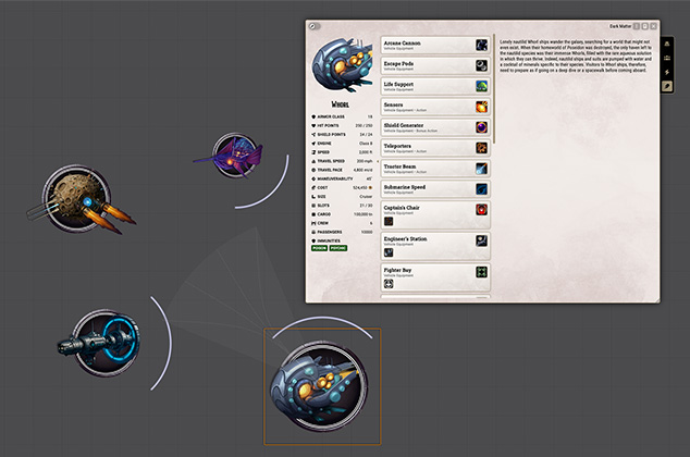 Four ship tokens on the canvas in space combat showing shields for three of the ships and a movement cone for one. The Whorl ship sheet is open.