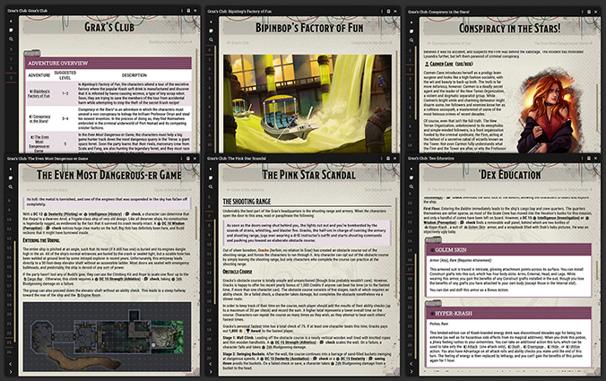 Six journal pages open displaying the Adventure Overview table, the opening artwork for Bipinbop&rsquo;s Factory of Fun, a character description of Carmen Cane with artwork, a description of exploring a crashed ship, rules for a Shooting Range scene, and part of a ship&rsquo;s description with two boxes describing magic item loot.