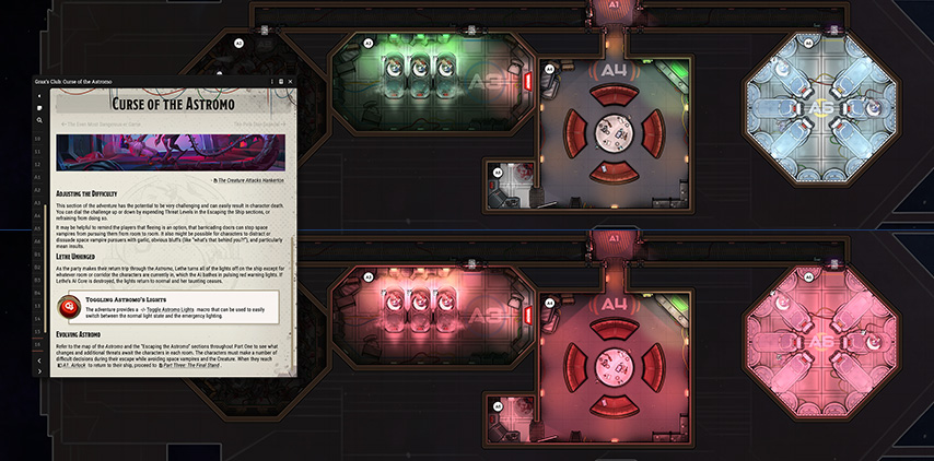 Scene of the Astromo spaceship with a journal page overlayed. The journal page describes adjusting the lighting within the adventure and includes a link to the macro that changes the lighting automatically. Behind the journal the scene is split in half with the top half depicting the ship in normal lighting and the bottom the same parrt of the ship with red emergency lighting.