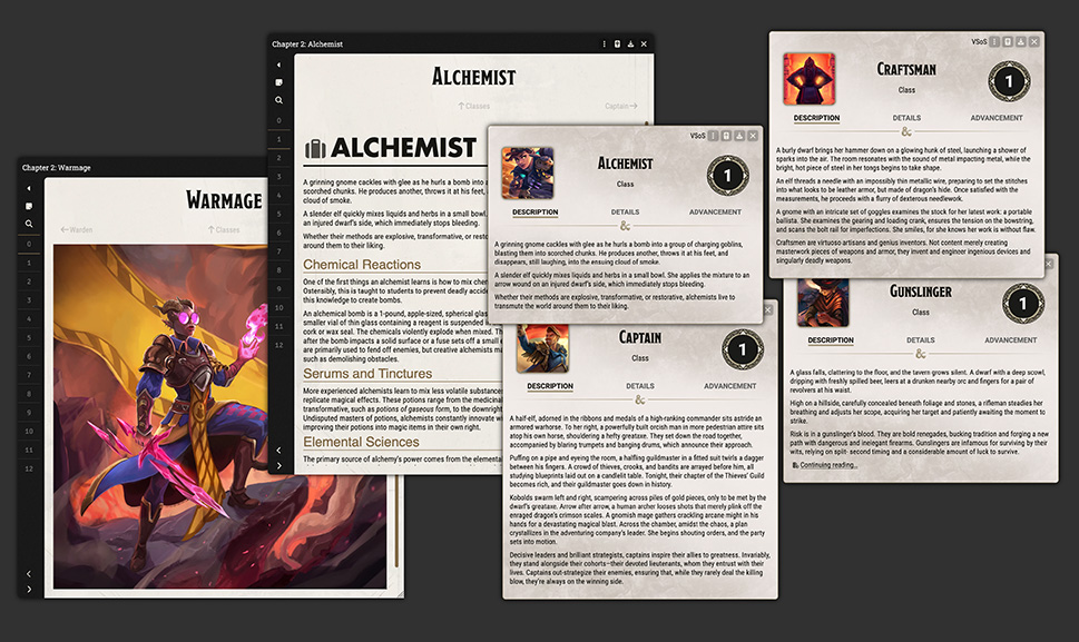 The class sheets for Alchemist, Captain, Craftsman, and Gunslinger open above the journal pages for the Alchemist and Warmage classes.