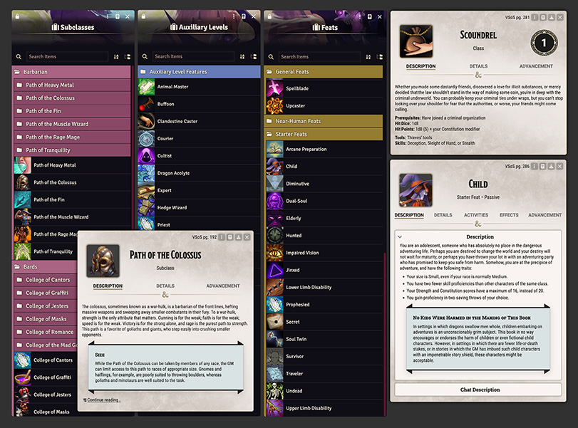 The Subclasses, Auxiliary Levels, and Feats compendiums open showing a number of available options. The sheets for the Path of the Colossus subclass, Scoundrel auxiliary level, and Child starter feat are open in front.