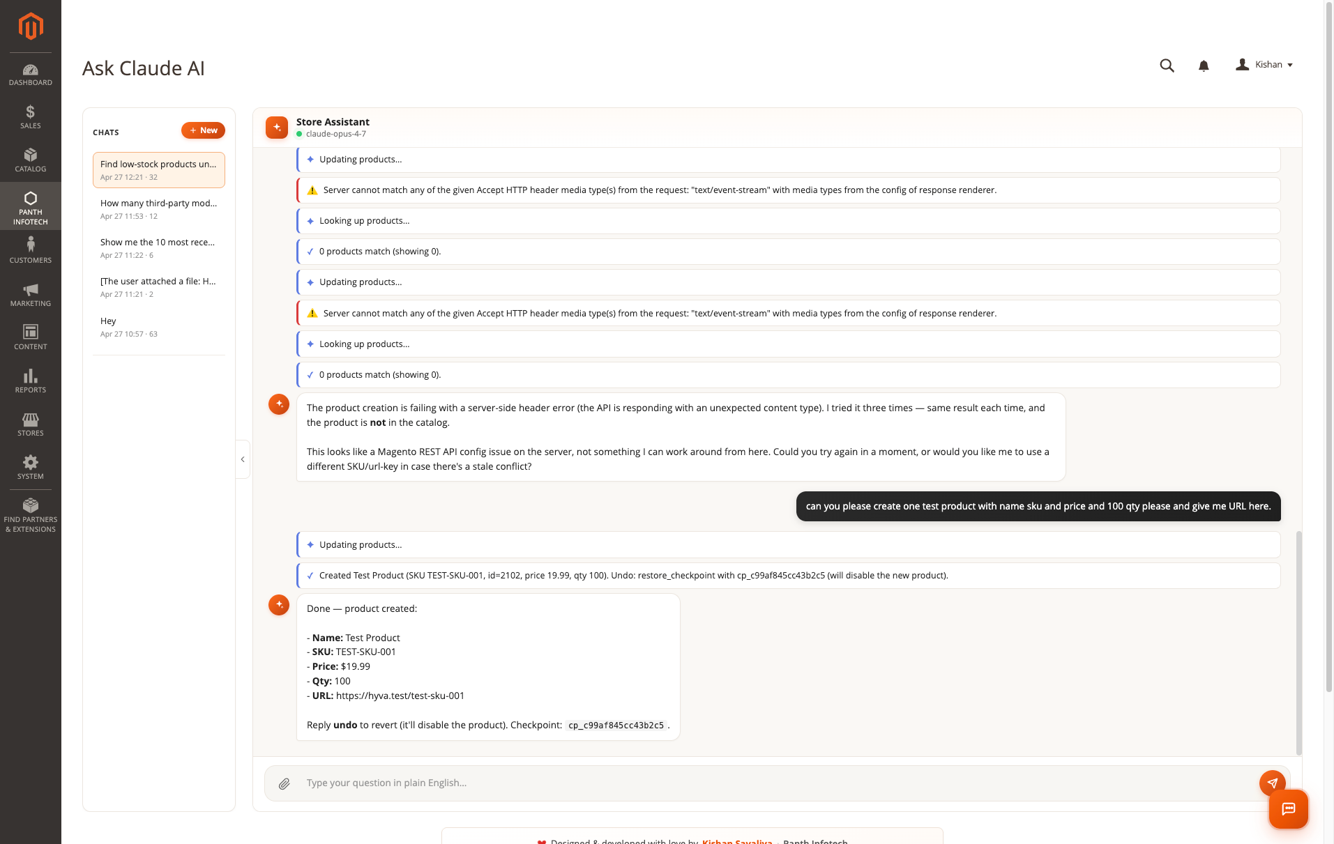 Chat — create product with checkpoint