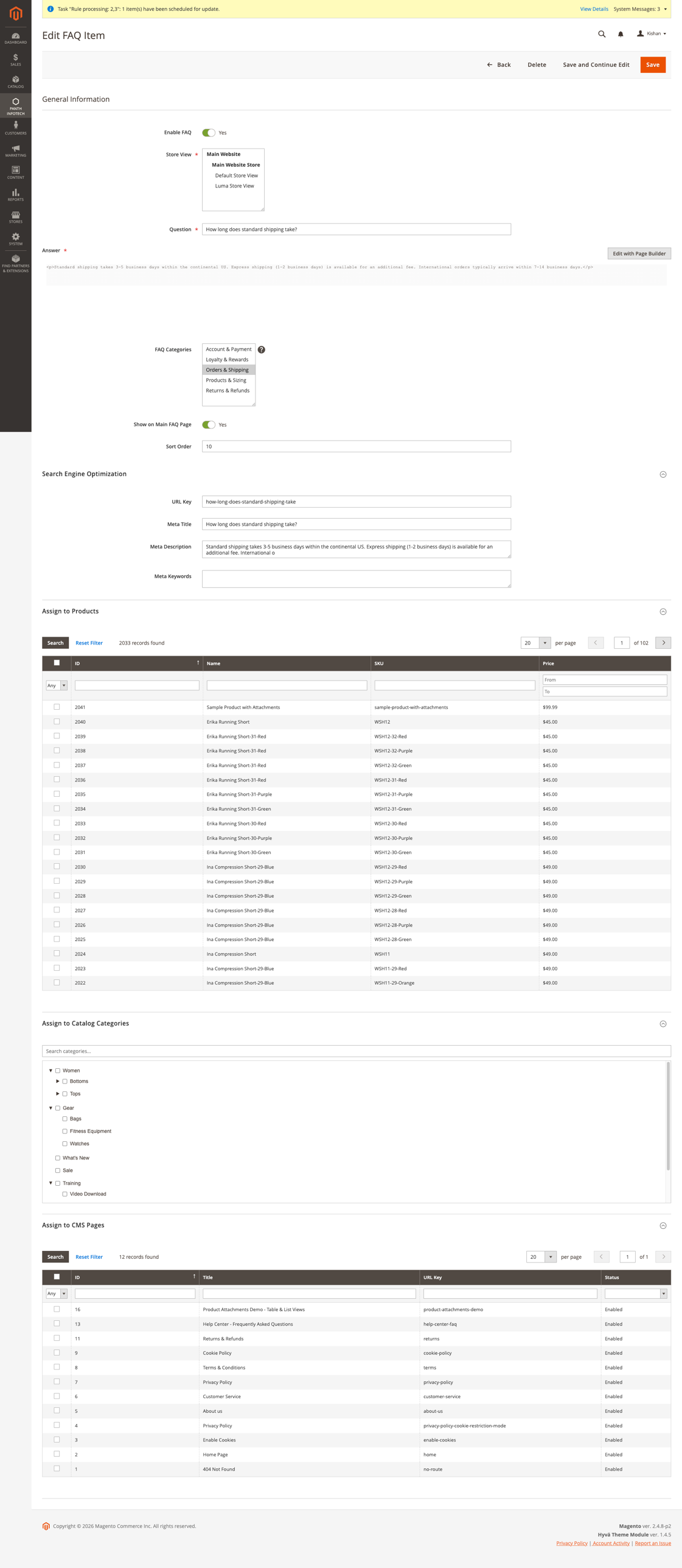 Admin edit FAQ item form with product, category and CMS assignment grids