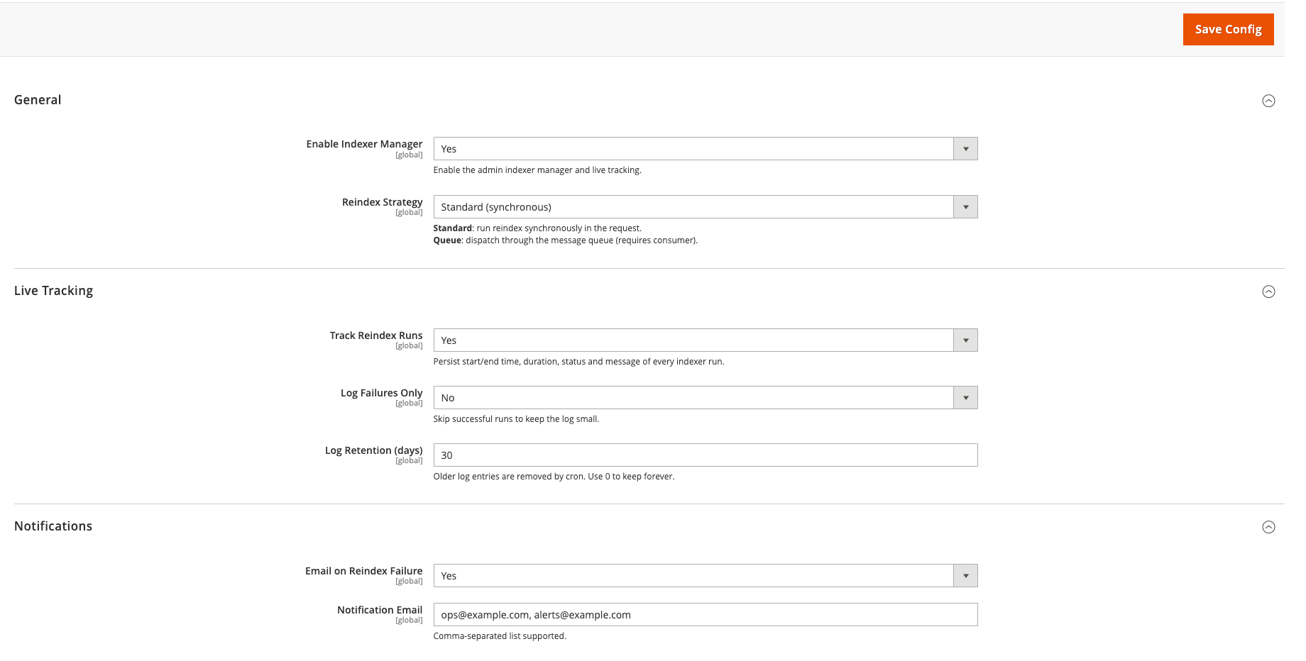 Configuration page — General, Live Tracking, Notifications