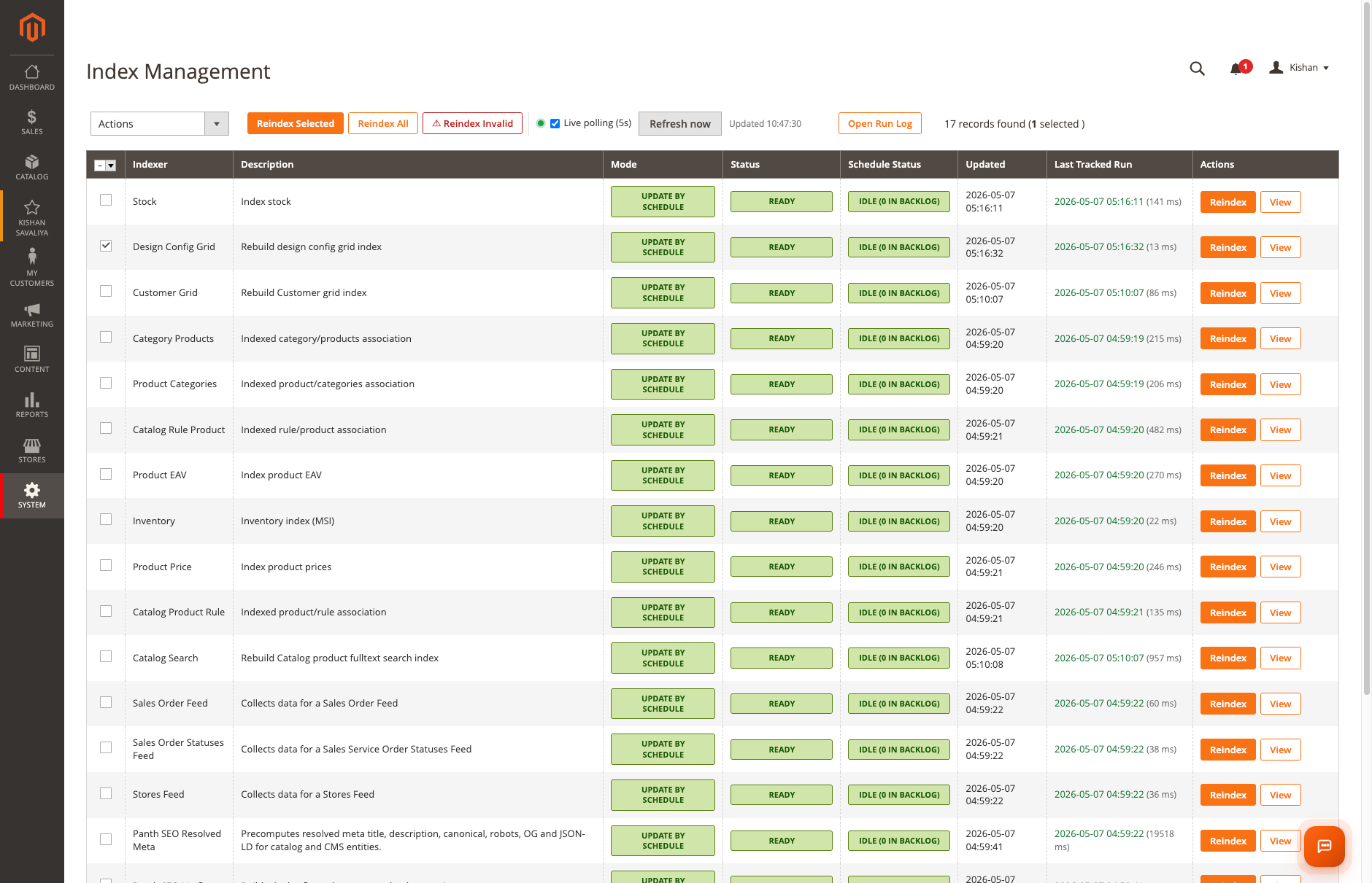 Manage Indexers grid with Last Tracked Run + Actions columns