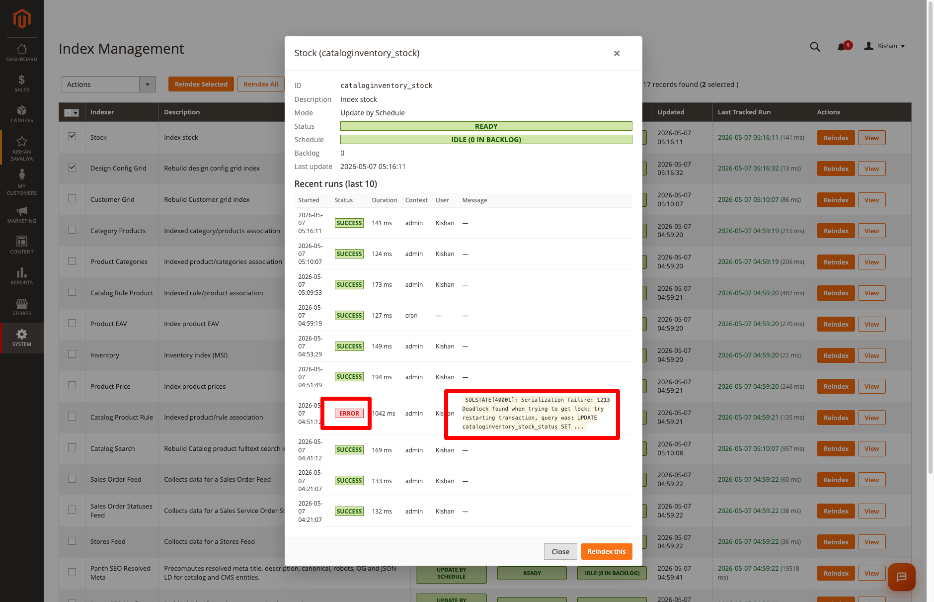View modal — Stock indexer details + last 10 runs