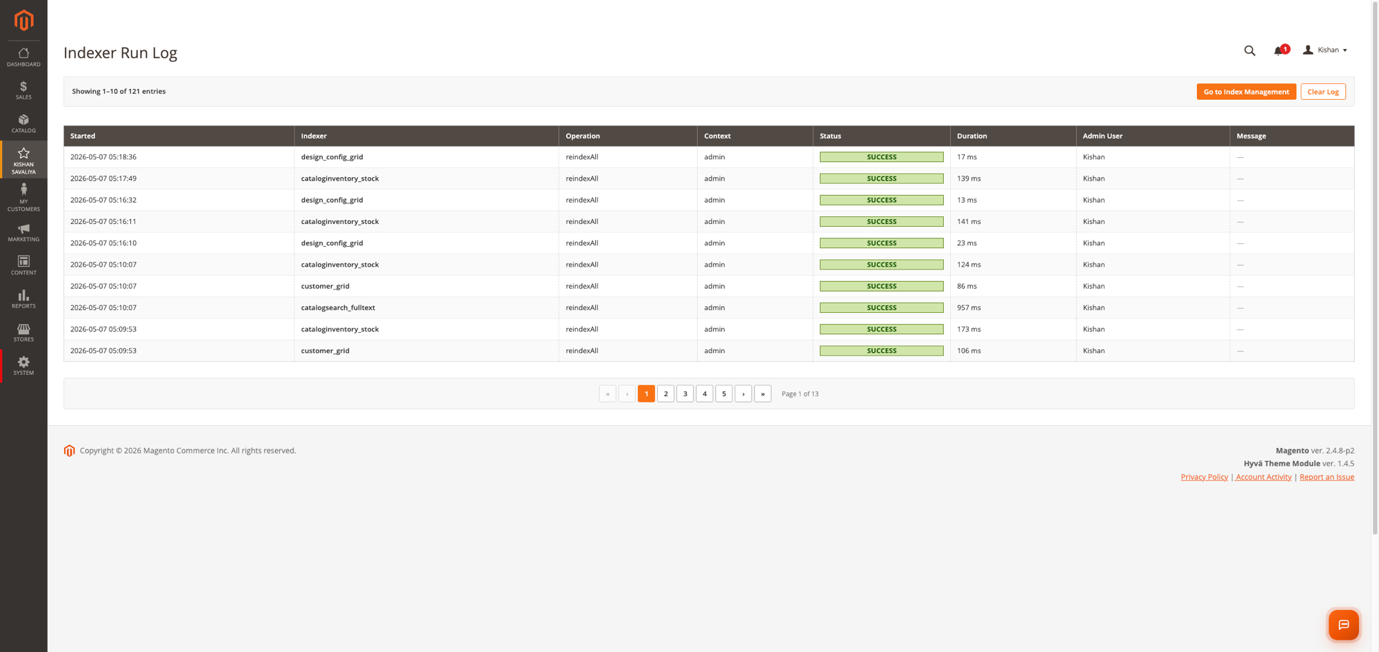 Indexer Run Log — paginated grid with success/error badges