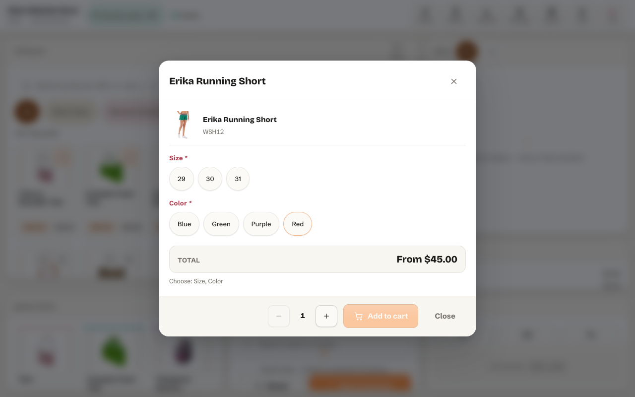 Configurable product option selection in the Magento 2 POS, choosing variant attributes before adding to cart
