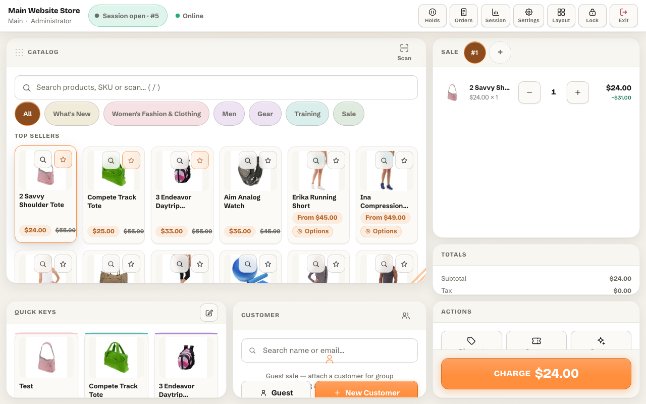 Magento 2 POS cart with line items, selected product options, discounts and order totals