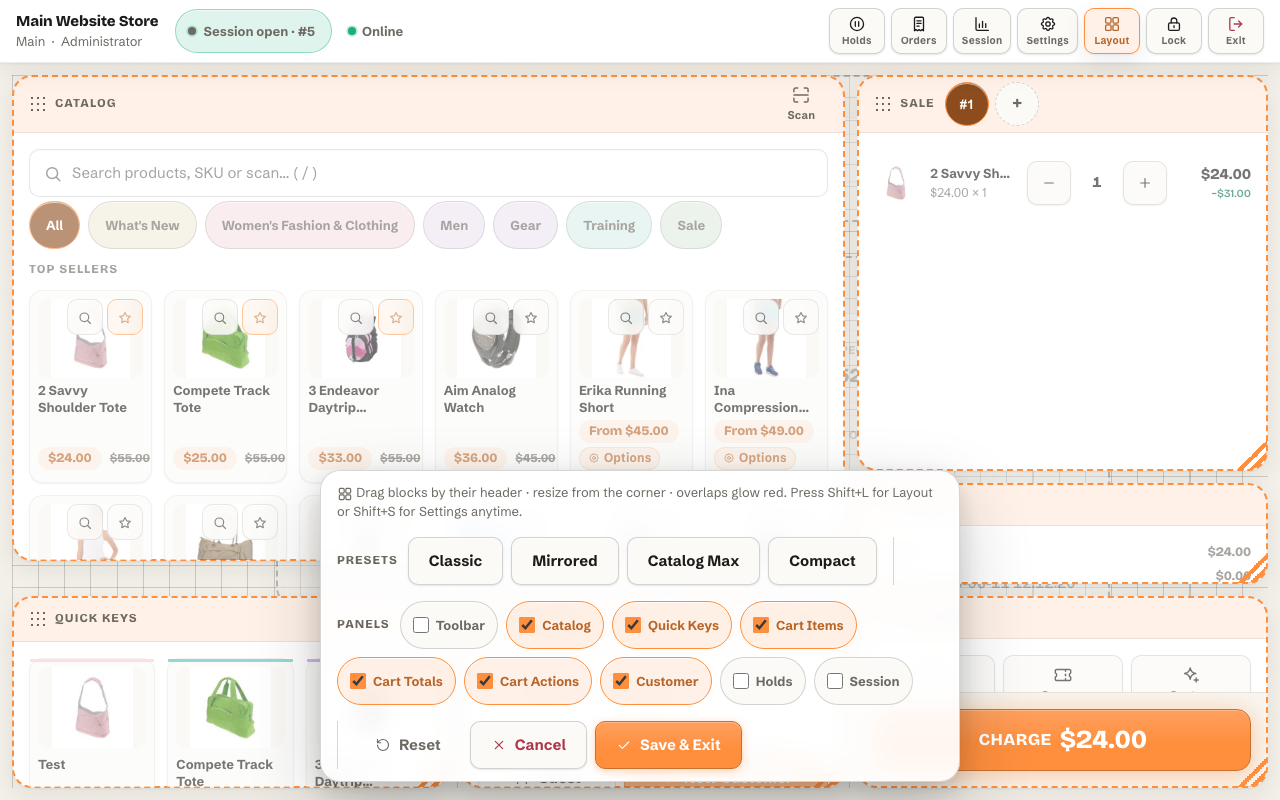 Drag-and-drop layout editor of the Magento 2 POS, freely moving and resizing every panel on a grid
