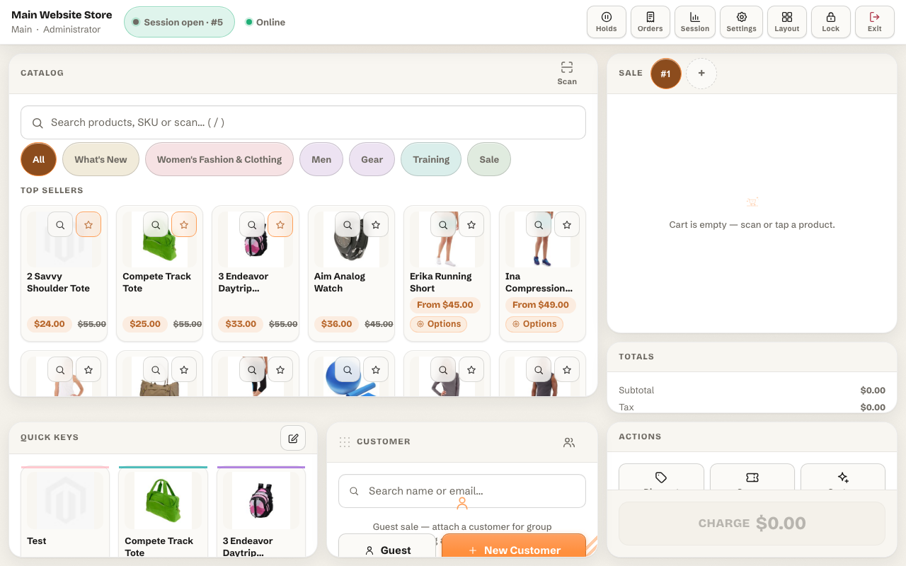 Panth MagePos POS terminal running on the Magento Luma theme, identical to Hyva, theme-independent point of sale