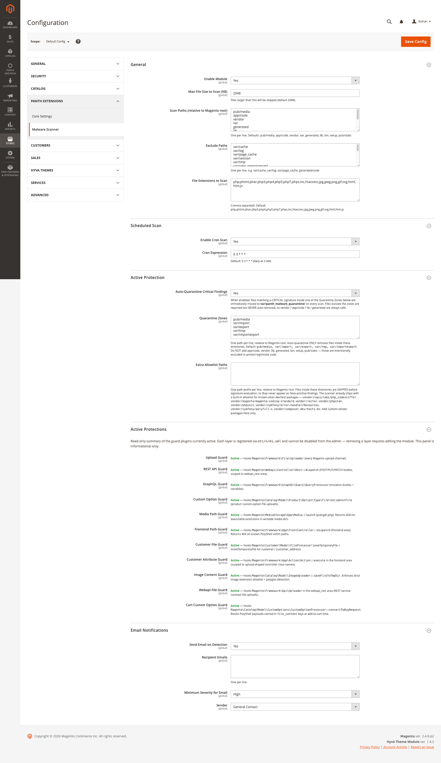 Panth Malware Scanner admin configuration — General (scan paths, exclude paths, file extensions), Scheduled Scan (cron expression), Active Protection (auto-quarantine, quarantine zones, extra allowlist paths), Active Protections panel (Upload Guard, REST API Guard, GraphQL Guard, Custom Option Guard, Media Path Guard, Frontend Path Guard, Customer File Guard, Image Content Guard, Webapi File Guard, Cart Custom Option Guard), Email Notifications.