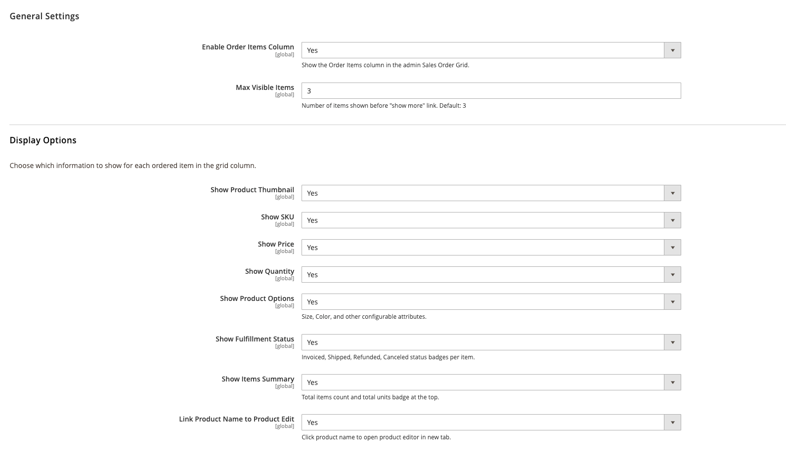 Admin Configuration — Ordered Items Grid