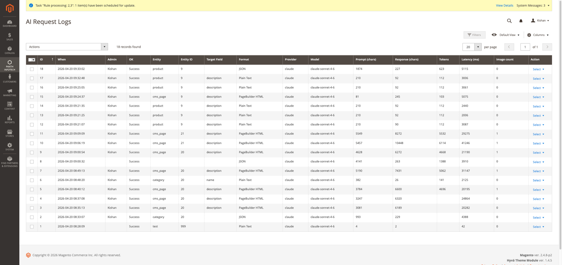 AI Request Logs admin grid — every OpenAI/Claude call recorded with admin user, entity, format, provider, model, prompt/response sizes, tokens, latency, and per-row detail view