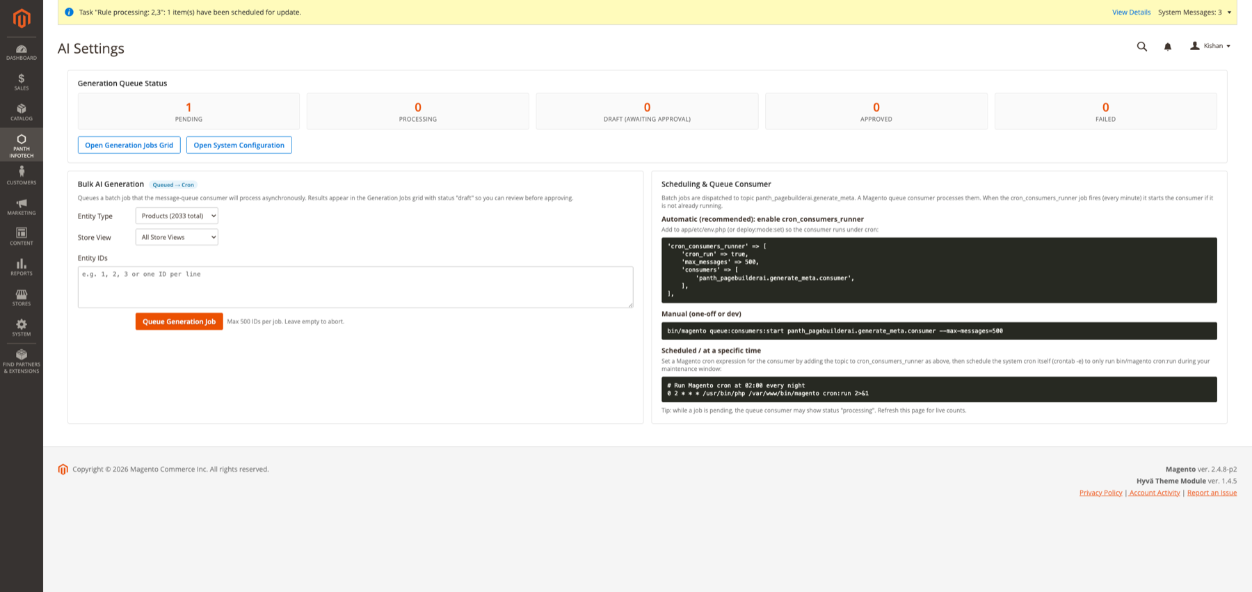 AI Settings dashboard — pending/processing/draft/approved/failed counters plus bulk generation form and cron/queue consumer setup instructions