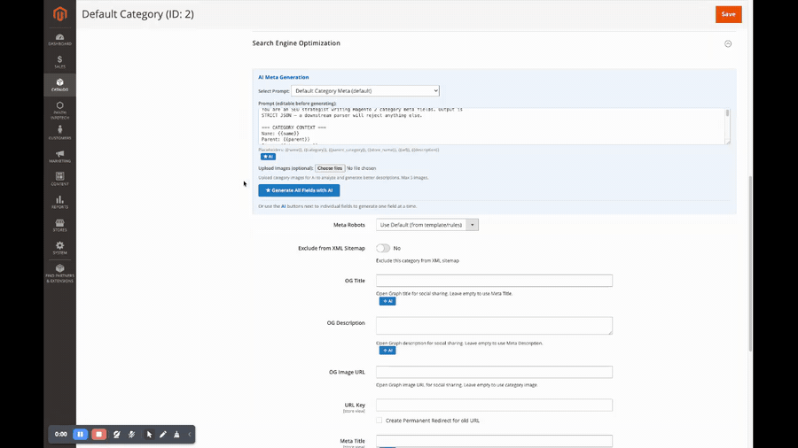 Panth PageBuilder AI demo — per-field AI buttons on the Default Category edit form generating meta title, meta description, OG title, OG description, and URL key in sequence