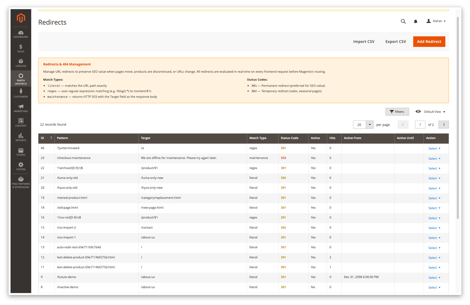 Redirects grid