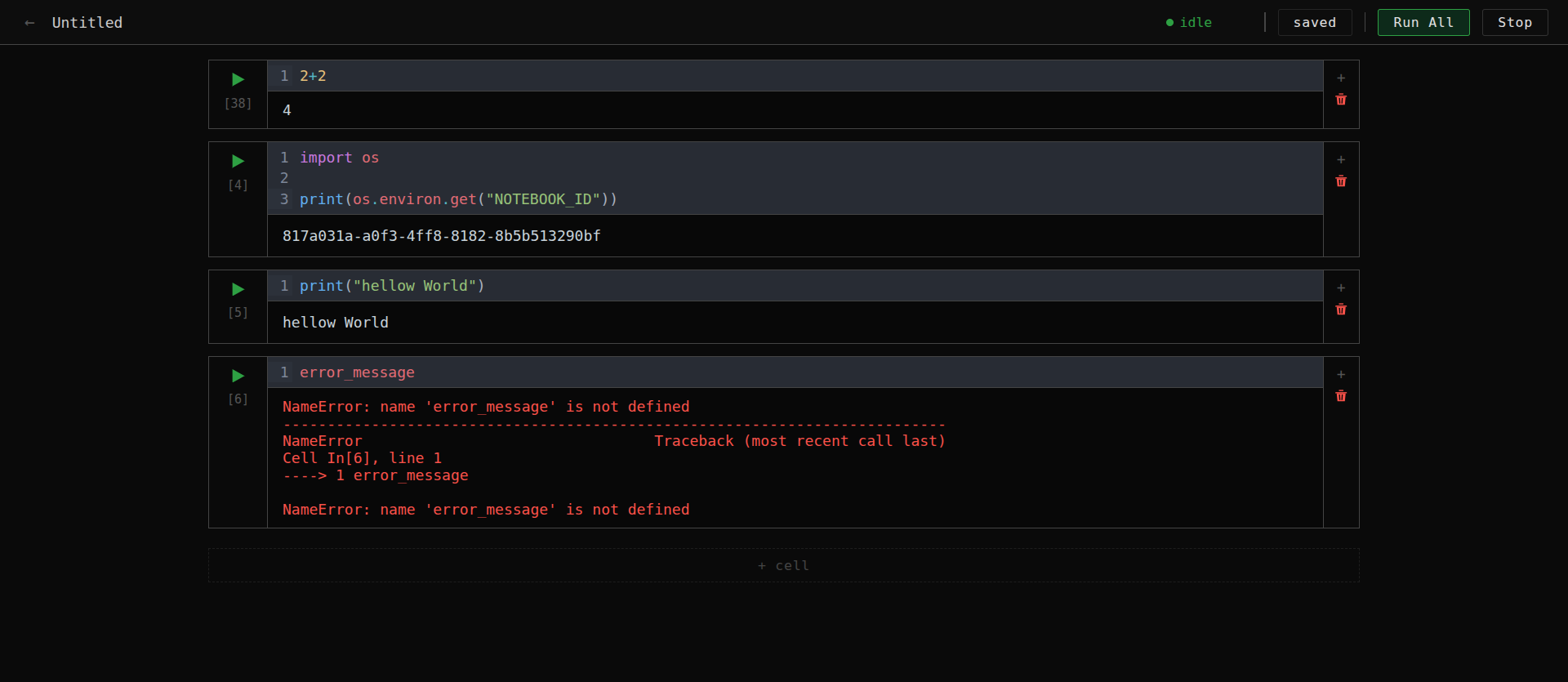 Output 2 โ Notebook editor with cell execution