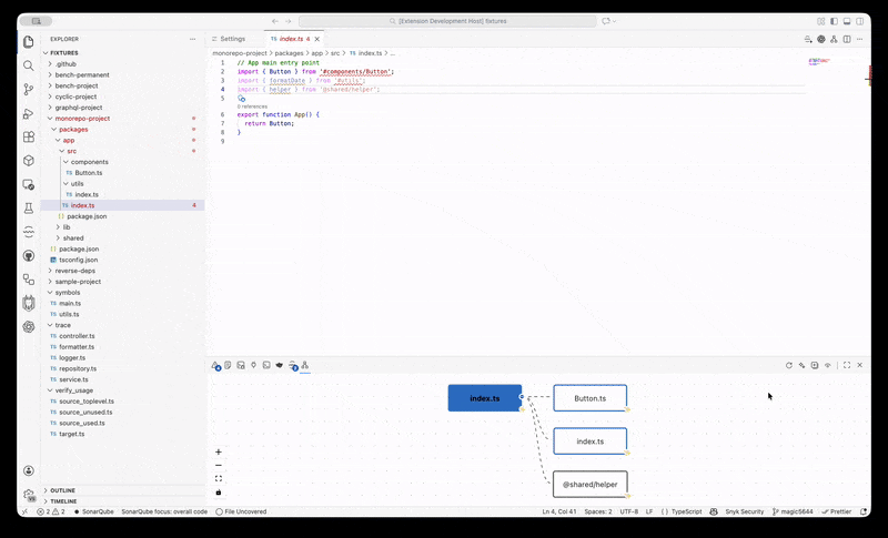 Dim mode - shows unused dependencies with reduced opacity