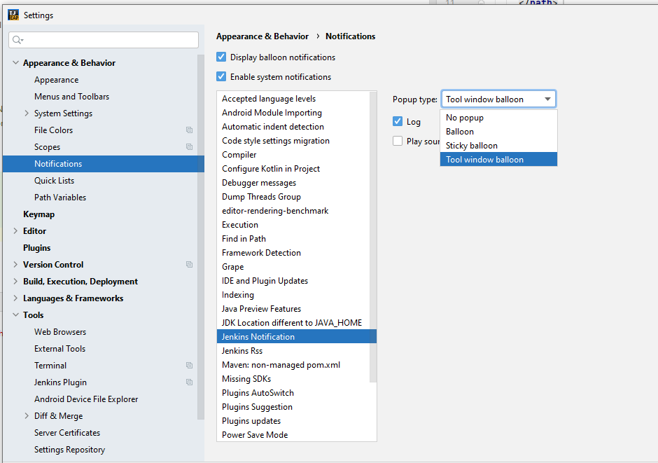 Configure Notification from Settings Dialog