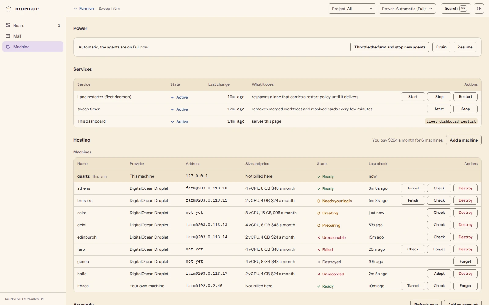 The Machine tab: power settings, the farm's services, its machines, subscriptions, models and projects.