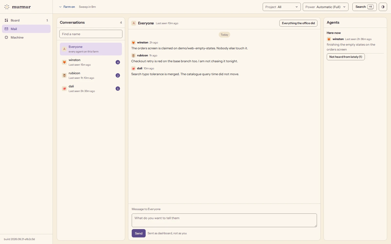 The Mail tab: conversations on the left, one thread in the middle, the agents that are online on the right.