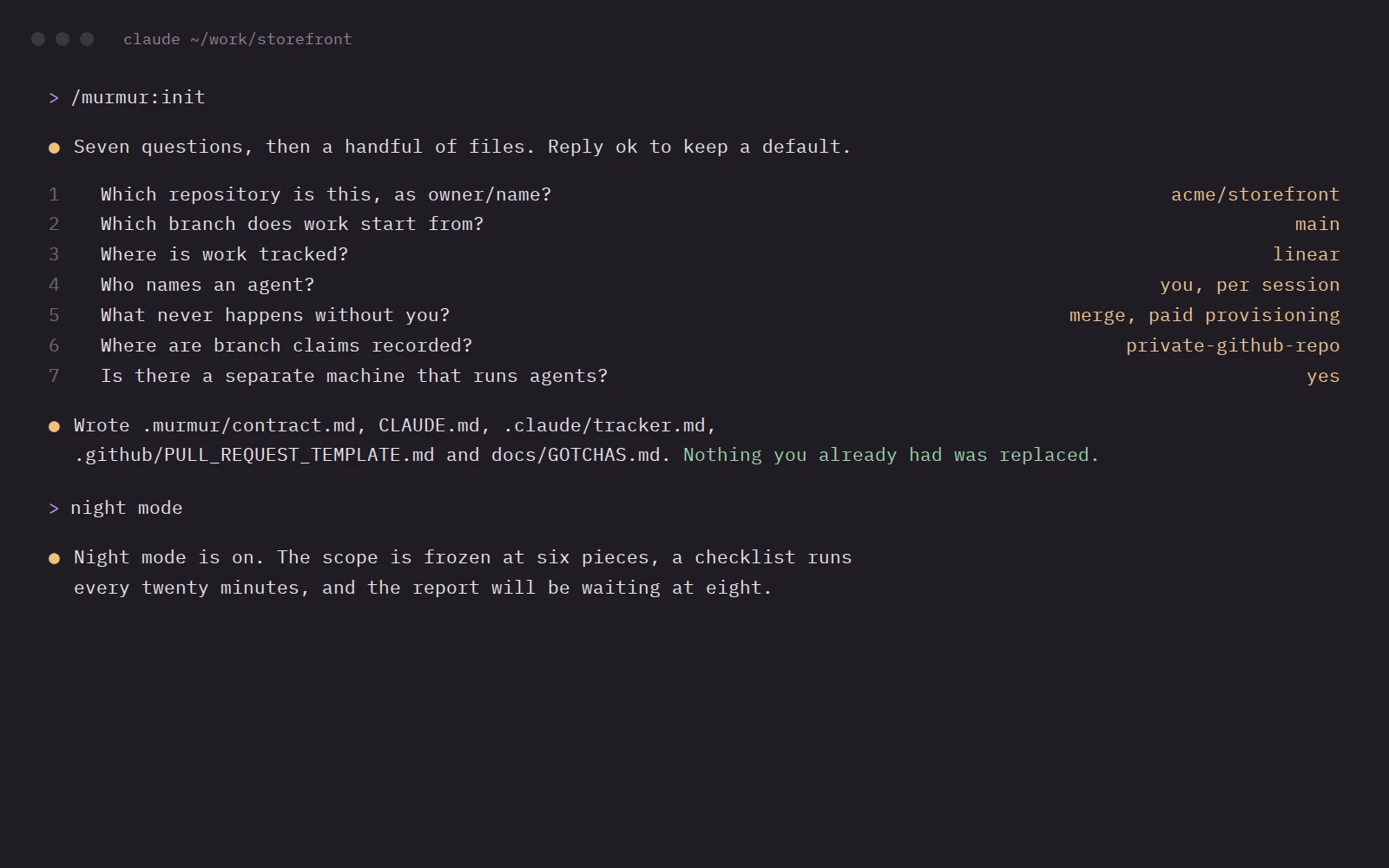 The murmur plugin in Claude Code, setting up a repository with seven questions.