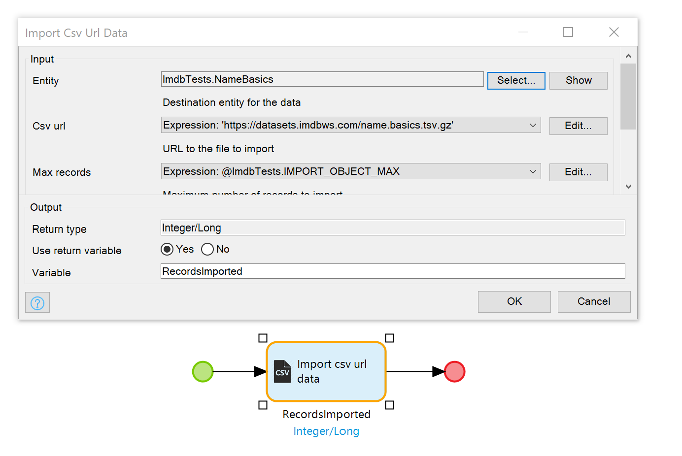 Import csv from url microflow action