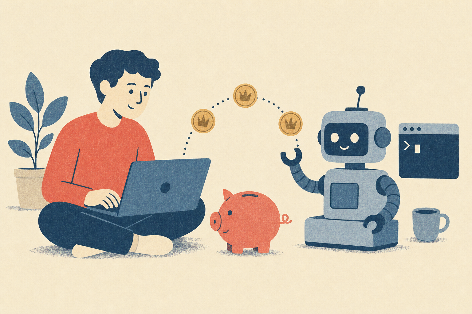 A person at a laptop and an AI agent managing money together, with a piggy bank and kroner coins