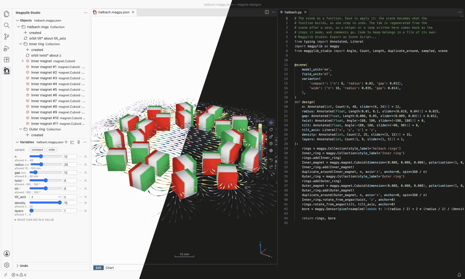 The Halbach rings of the marimo example in VS Code, half in the light theme and half in the dark: the objects and the steps that built them, the variables with their sliders, the 3D view with the field lines flowing through the bore, and the scene as code in the script tab.