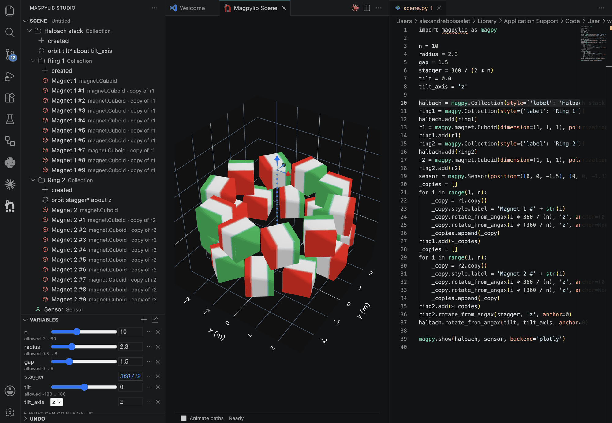 The Halbach example open in VS Code: the scene tree listing each ring's construction steps and the copies a pattern made, the variables panel with sliders for n, radius, gap, stagger and tilt, the 3D view, and the script tab showing the same scene as parametric magpylib.