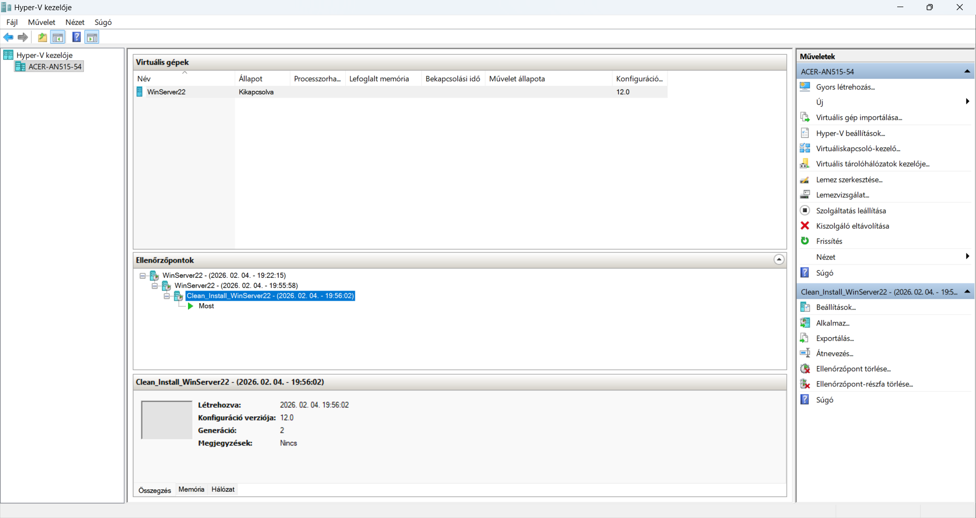 Hyper-V Checkpoint létrehozása