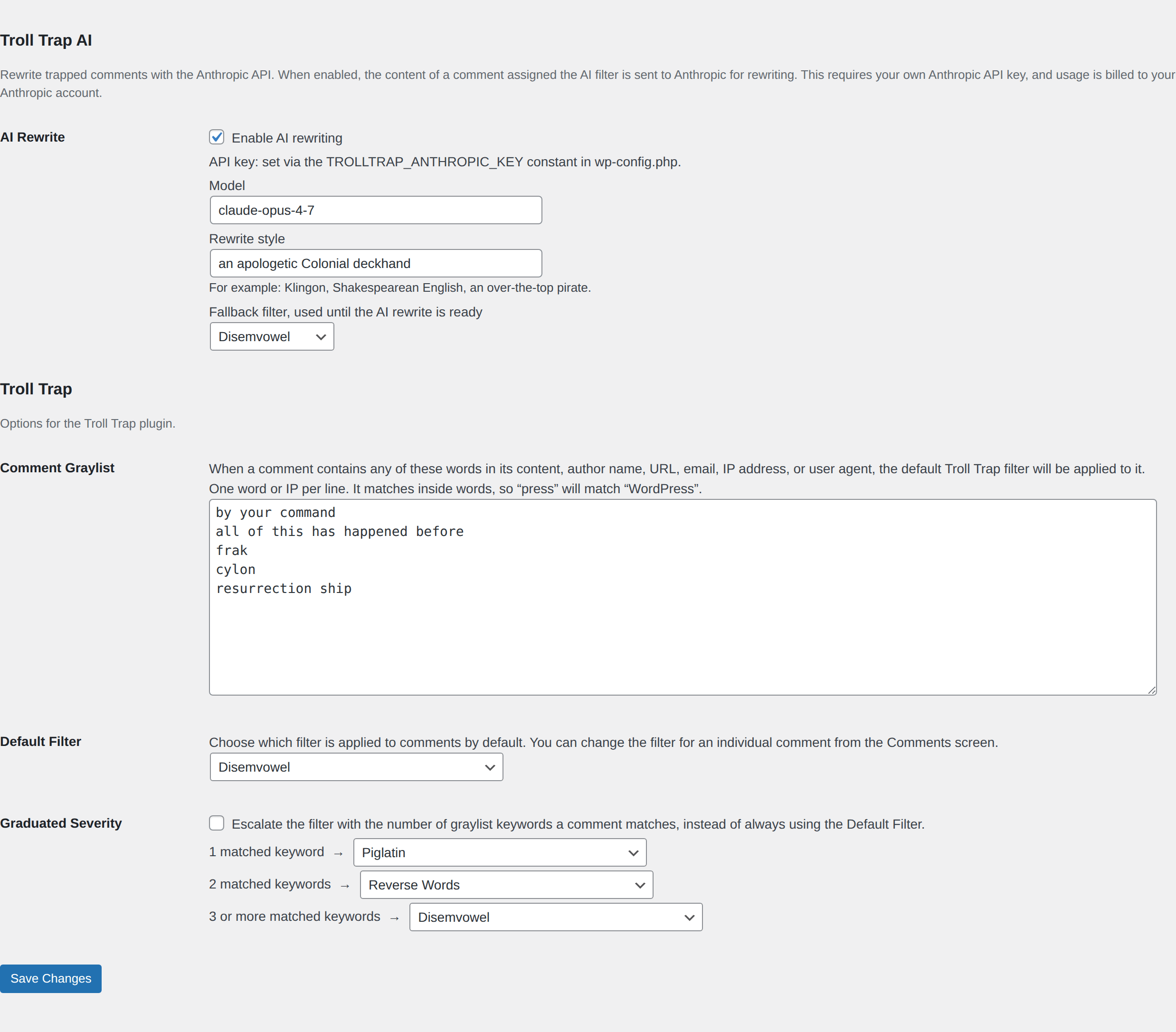 The Troll Trap and Troll Trap AI settings under Settings > Discussion