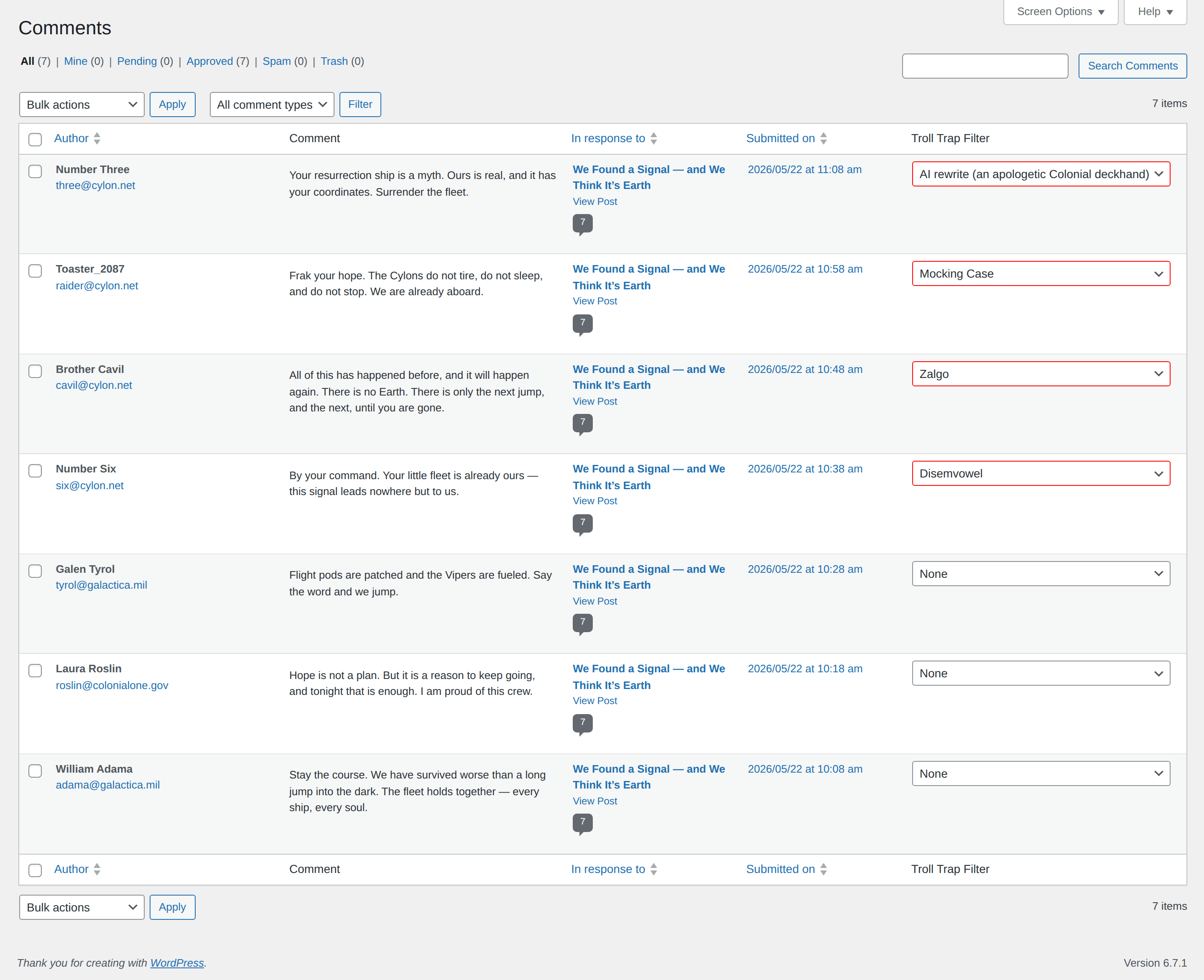 The Troll Trap Filter column on the Comments screen