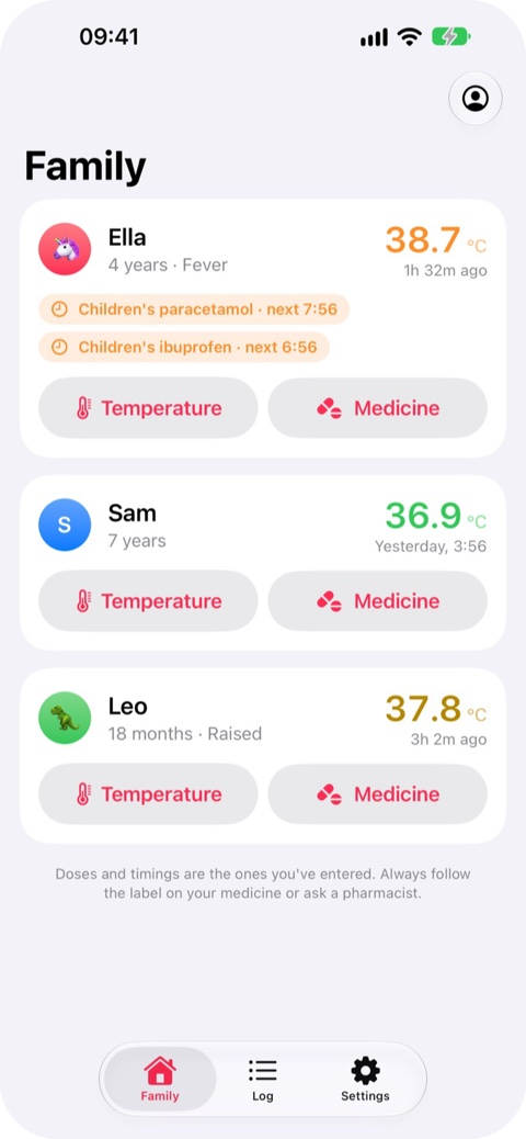 Family screen: each child's latest temperature and when their next dose is due