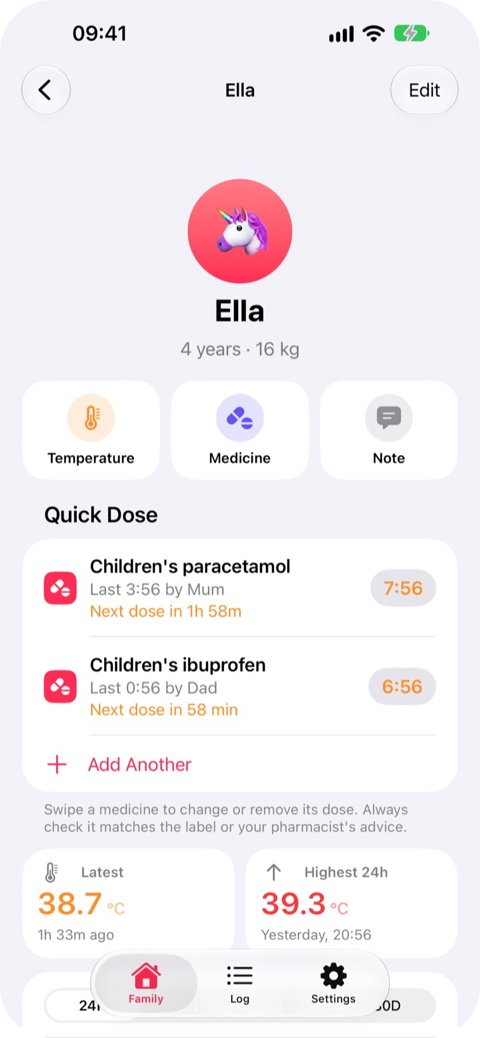 A child's page with a temperature chart and doses marked
