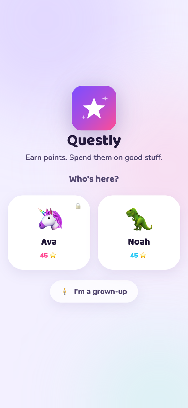 The who's-here screen, showing each kid as a card with their avatar and point balance