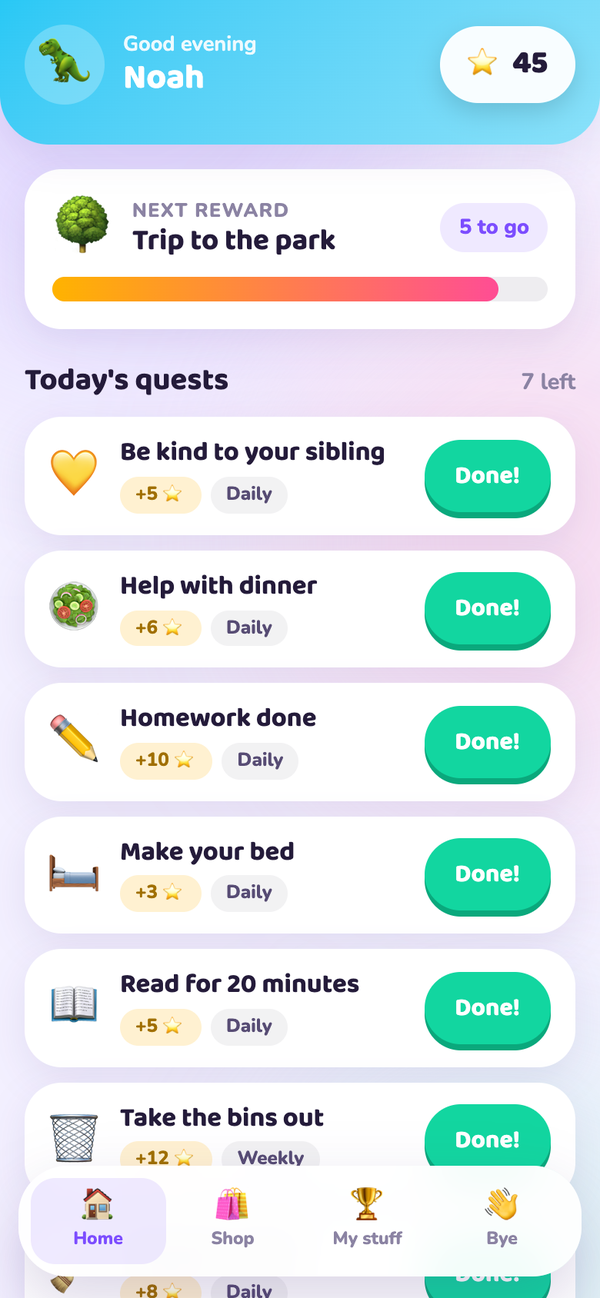 A kid's home screen with a progress bar toward their next reward and a list of quests
