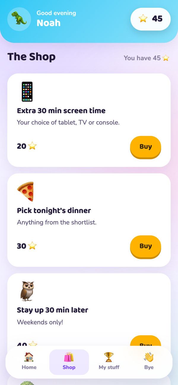 The shop, showing rewards with point prices