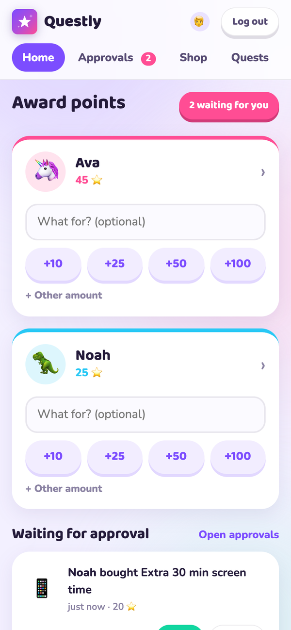 Each kid on a card with quick award buttons and a reason box
