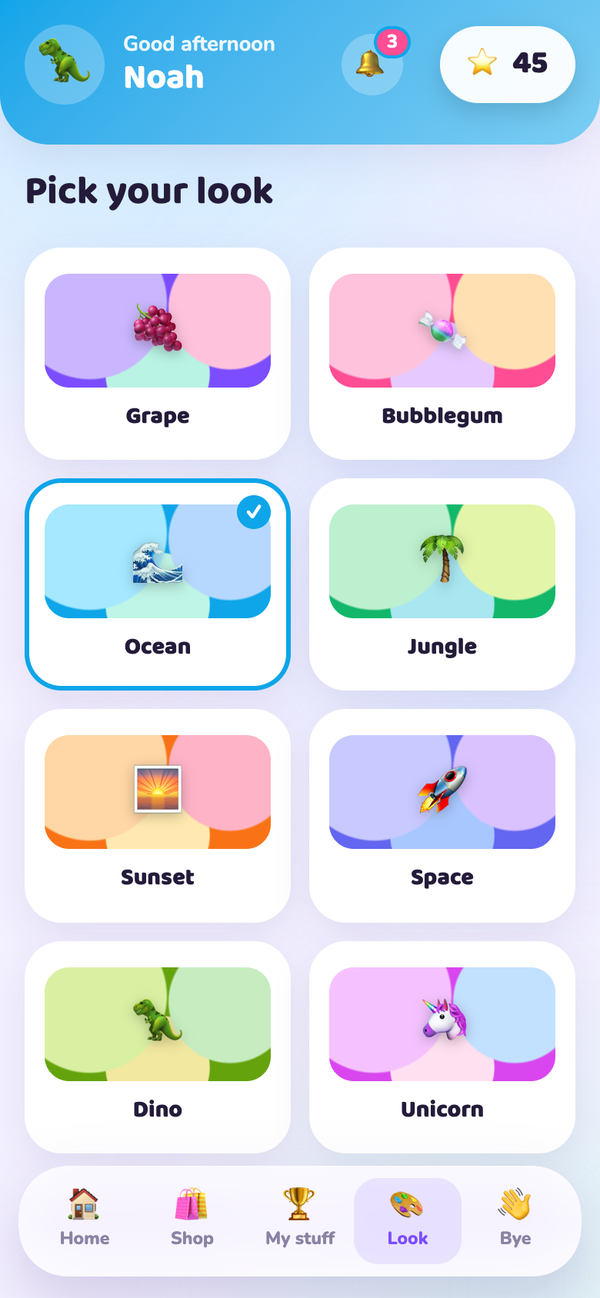 A grid of colour themes a child can pick from