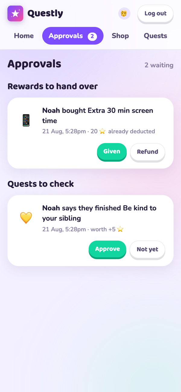 Pending rewards to hand over and quests to check, each with approve and reject buttons