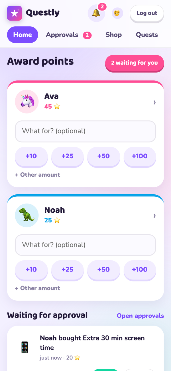 Each kid on a card with quick award buttons and a reason box