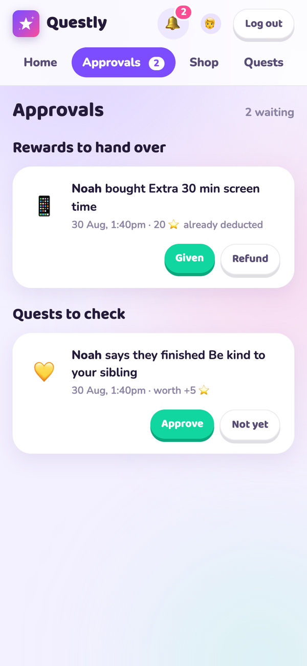 Pending rewards to hand over and quests to check, each with approve and reject buttons