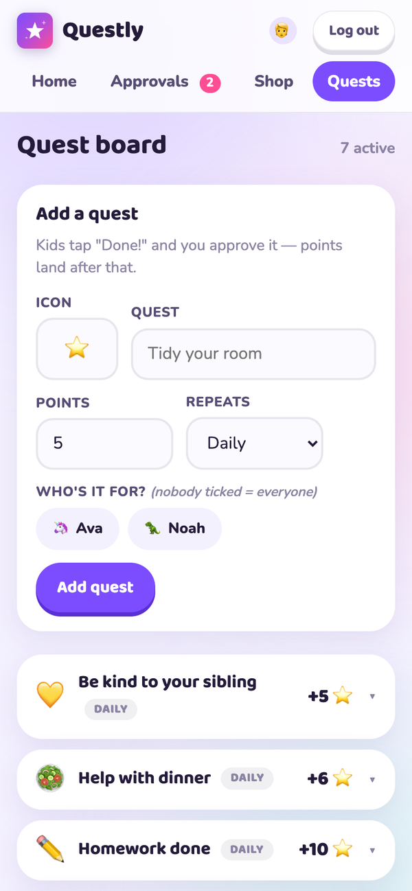 The quest board admin screen with a form for adding a quest