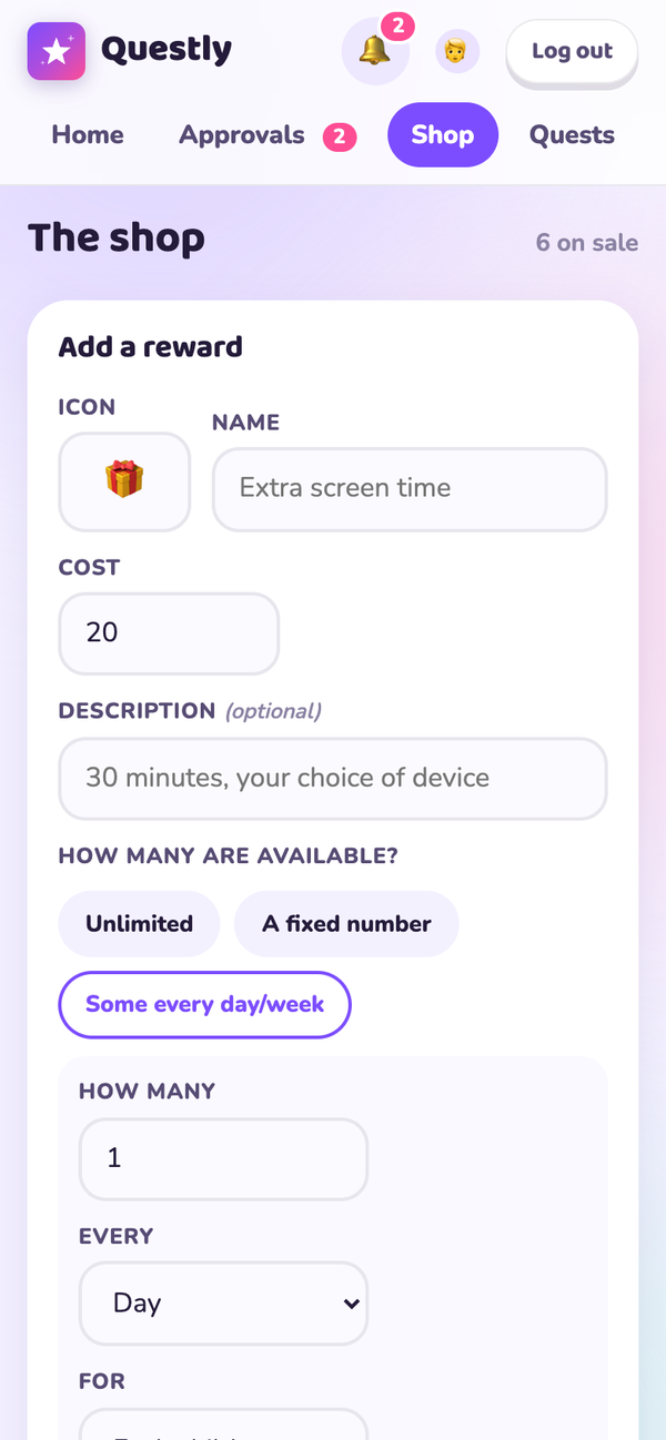 The reward form, showing options for how many of an item are available