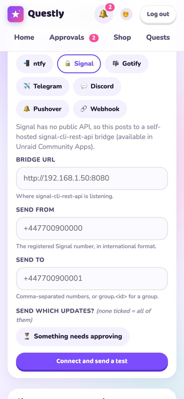 Choosing a notification channel such as Signal, with its connection fields
