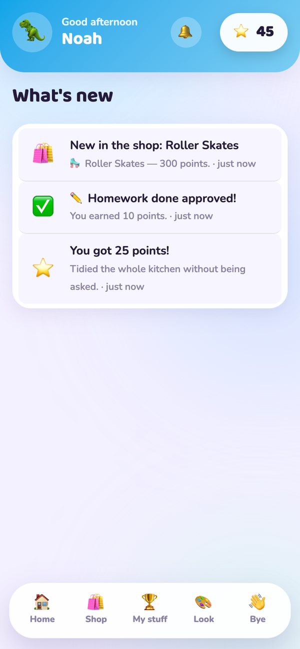 A child's notification feed listing recent points, approvals and new shop items